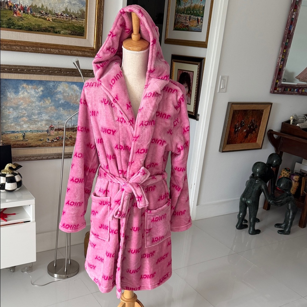 Juicy Couture Vibrant Pink Bubble Juicy Logo Hooded Bath Robe